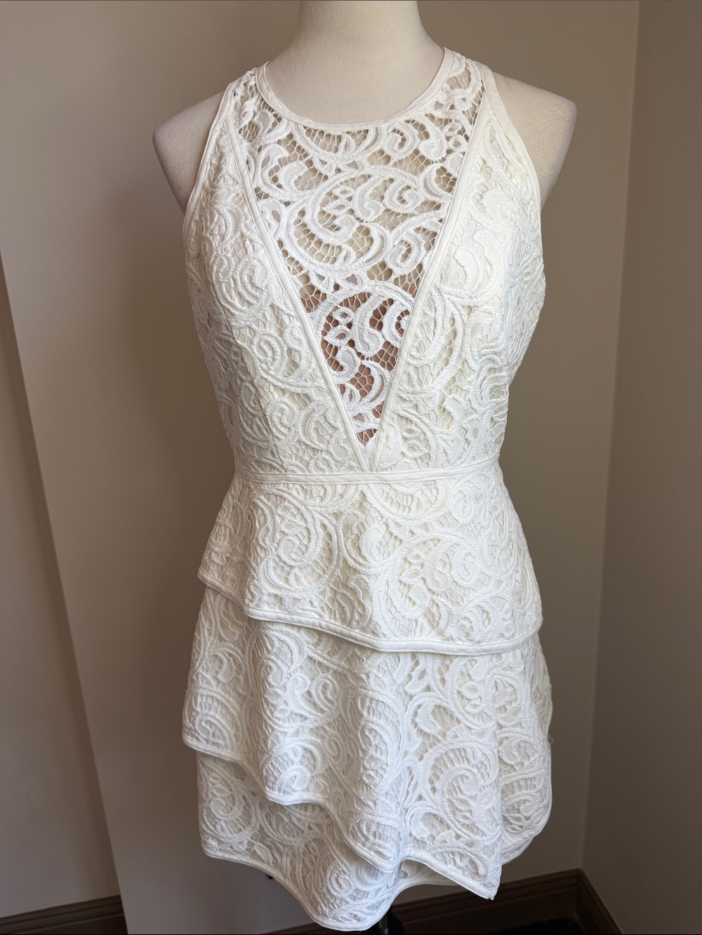 BCBG Lace Asymmetrical Halter Mini Dress White Size 10